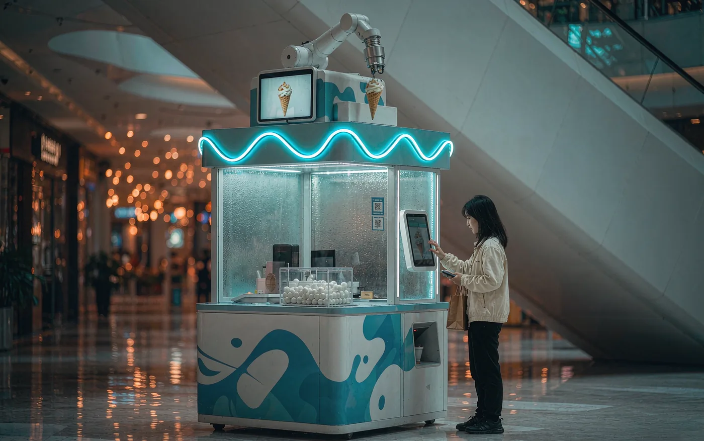 商场夜间无人冰淇淋机器人门店